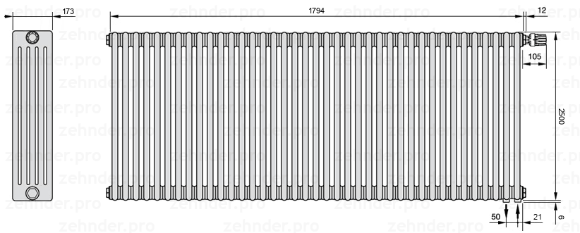 Схема (чертеж) Радиатор Zehnder Charleston 5250/39 №V002 Белый глянцевый RAL 9016